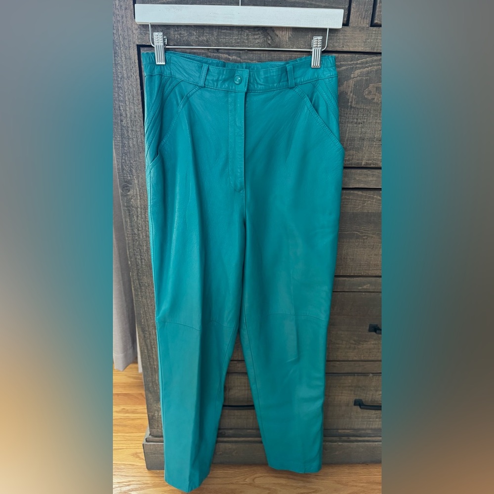 Vintage Suzelle Teal Leather Pants Size 6 Genuine Leather High Waist